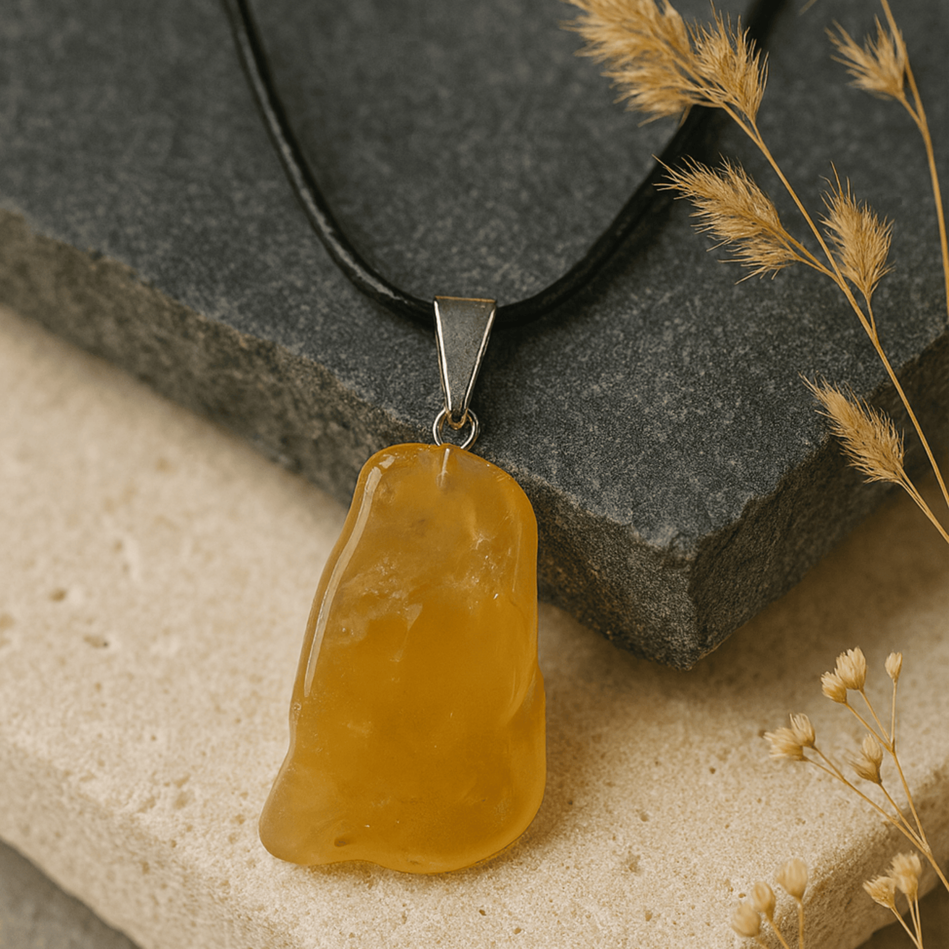 Necklace with a yellow/orange citrine pendant on a beige stone surface with dried flowers.