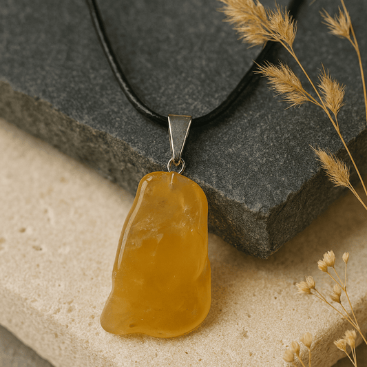 Necklace with a yellow/orange citrine pendant on a beige stone surface with dried flowers.