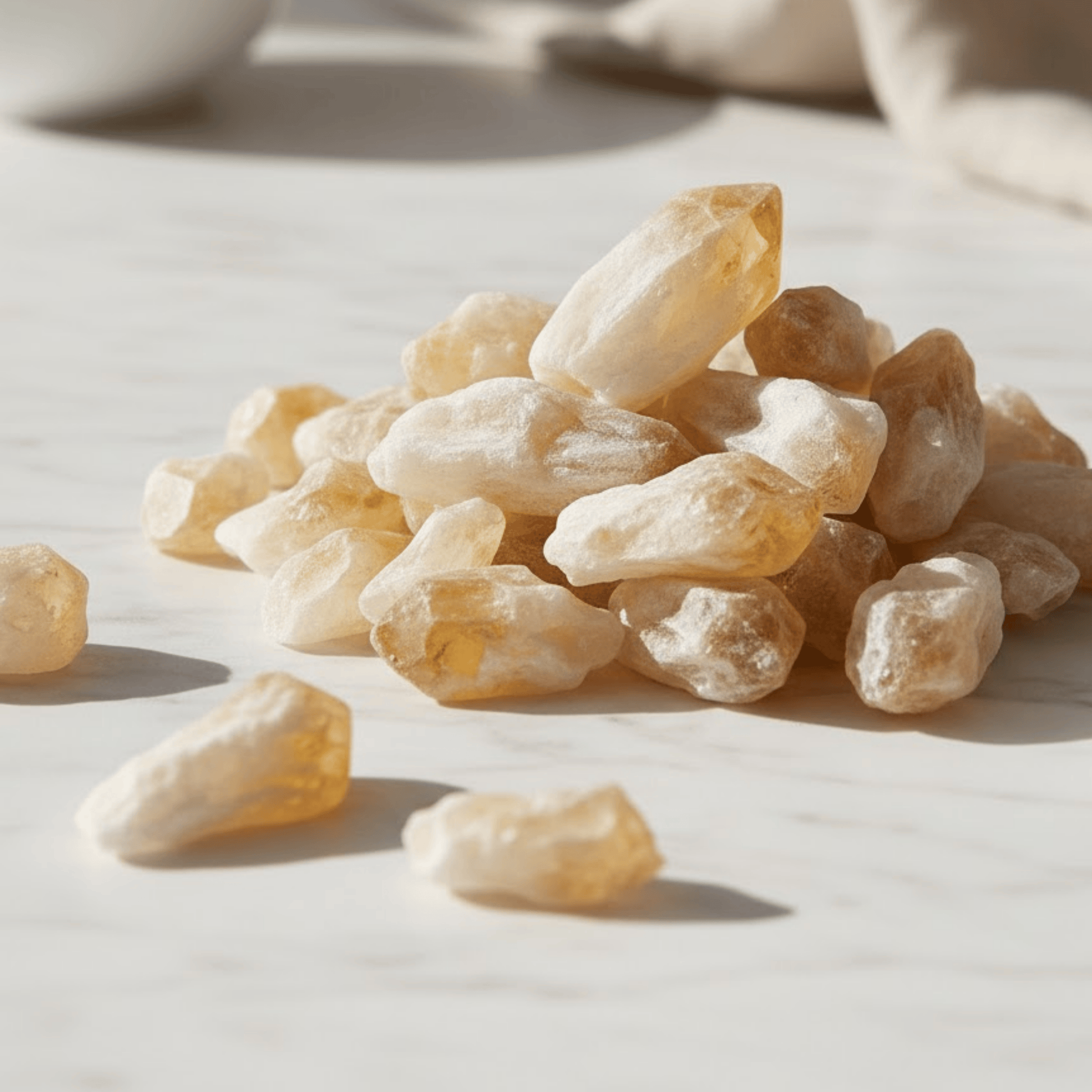 Pile of white and orange crystal points on a light surface