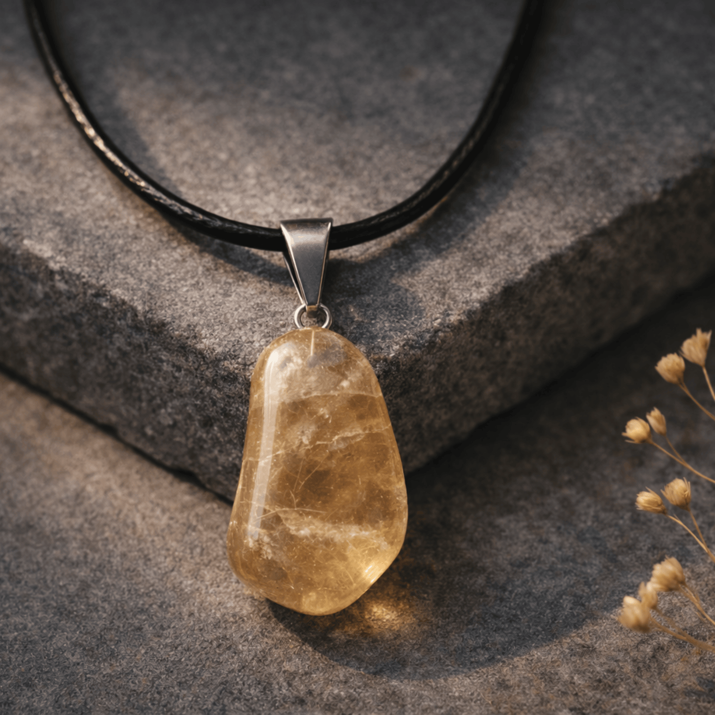Necklace with a champagne coloured citrine stone pendant on a stone surface