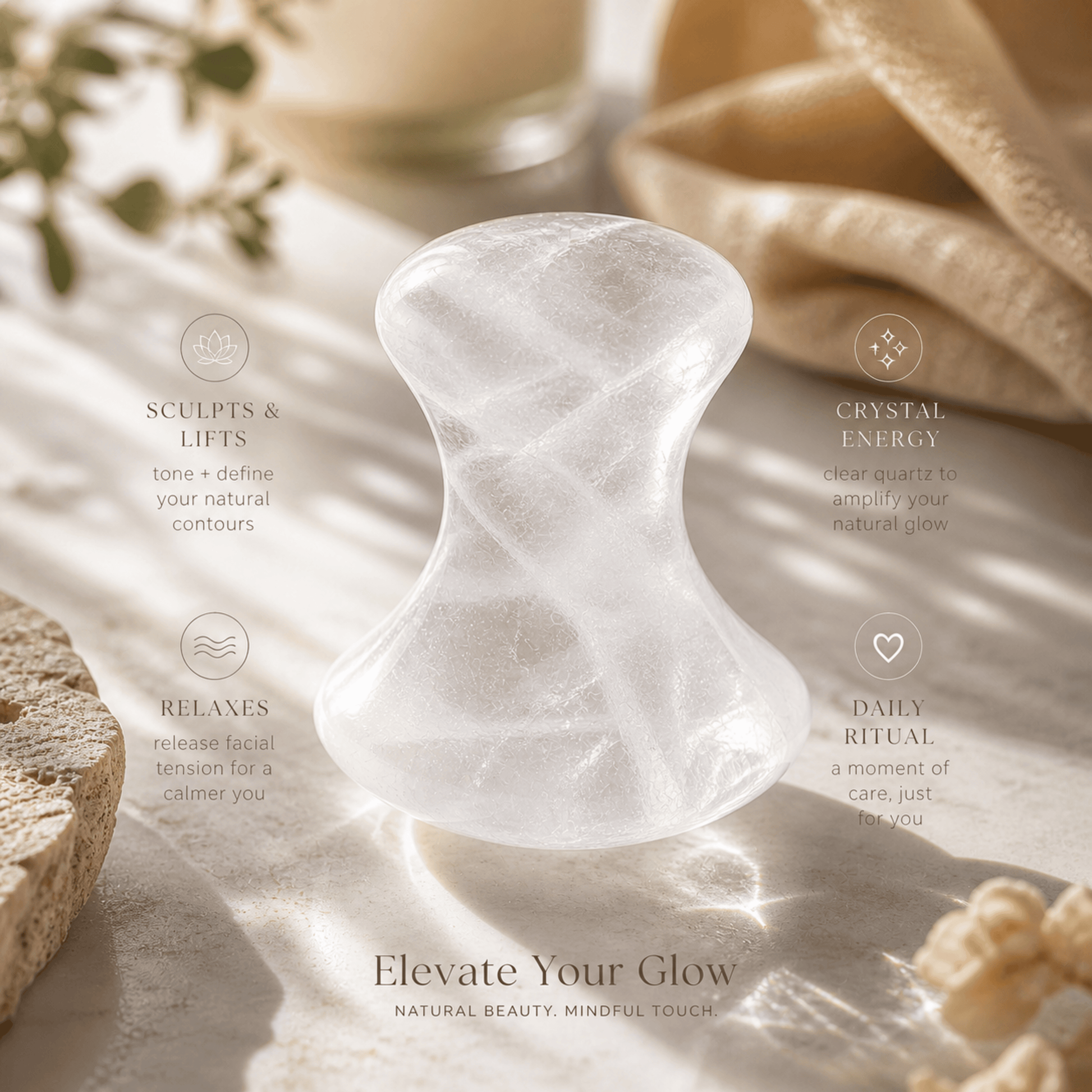 Crystal facial massager on a textured surface with text highlighting its benefits.