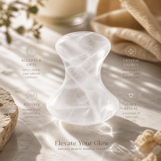Crystal facial massager on a textured surface with text highlighting its benefits.
