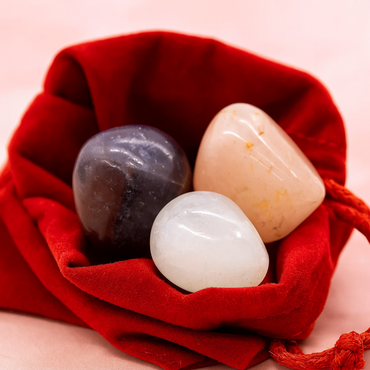 GOLDEN TRIANGLE GEMSTONE SET – Amethyst, Rock Crystal & Rose Quartz in Velvet Bag