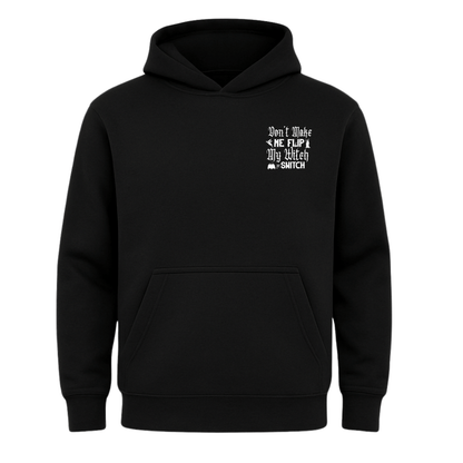 Black hoodie with white text on a white background