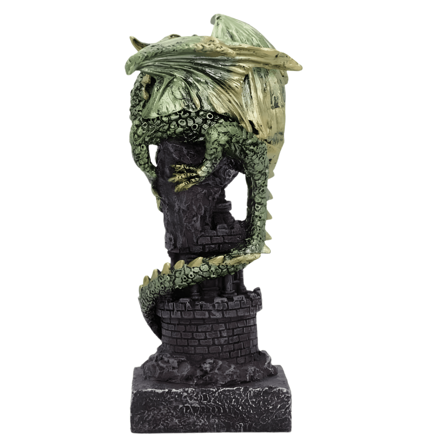 Dragon statue with a castle base on a white background