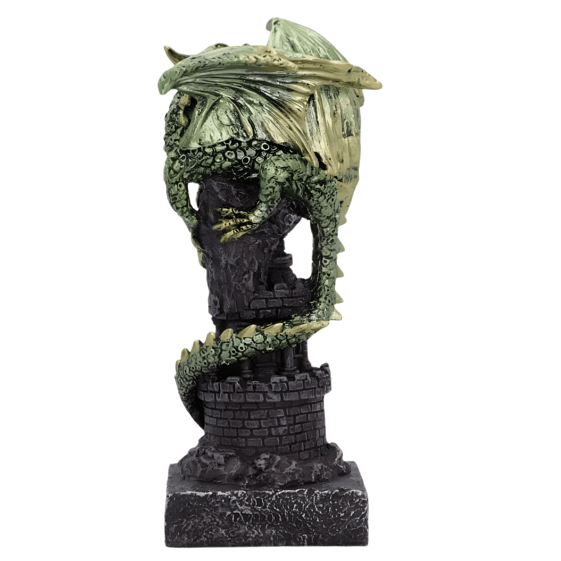 Dragon statue with a castle base on a white background