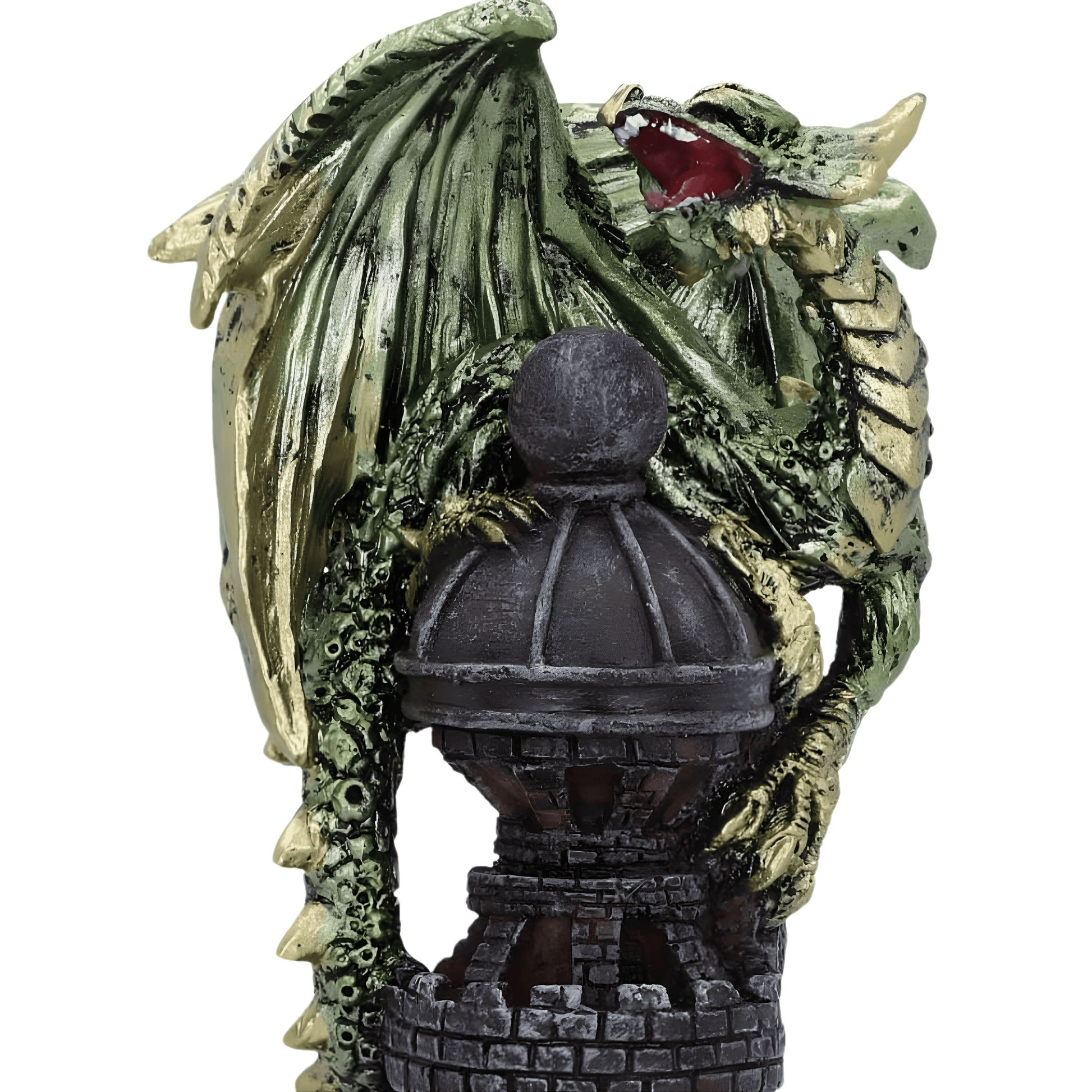 Dragon figurine with a castle-like structure on a white background