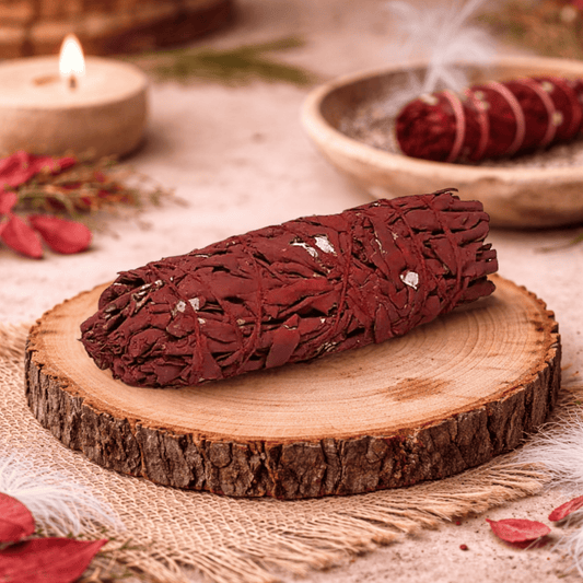 Red and grey smudge stick on a wooden log on beige background