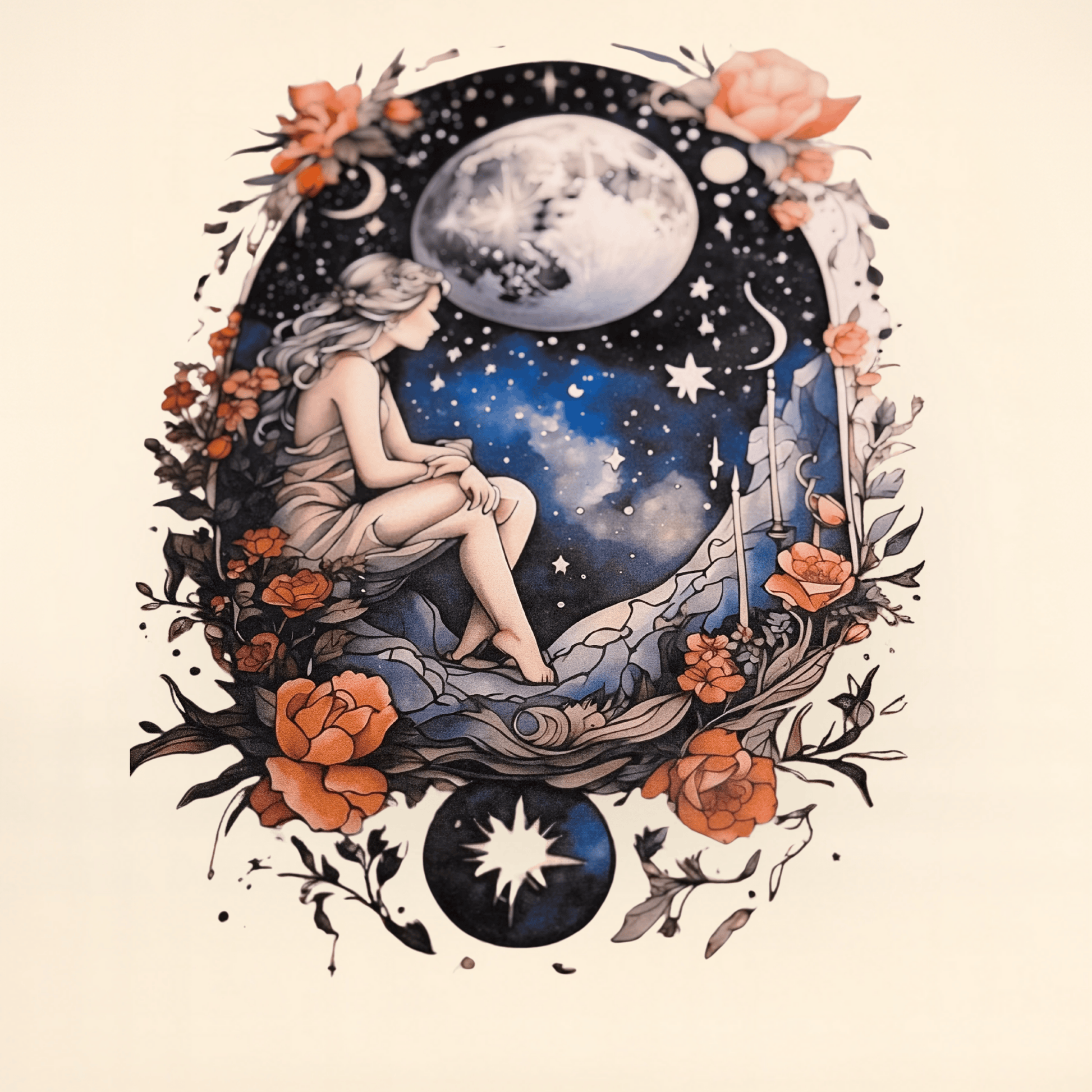 Close up view of the design that is on the front of the bag is of a woman sitting under a celestial sky with flowers and planets.