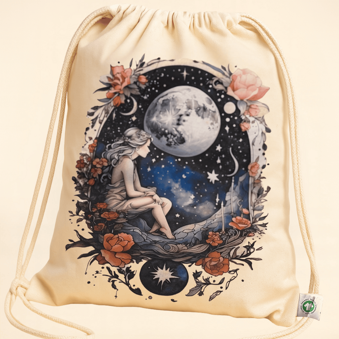 Drawstring bag with celestial design featuring a woman, moon, and stars on a beige background