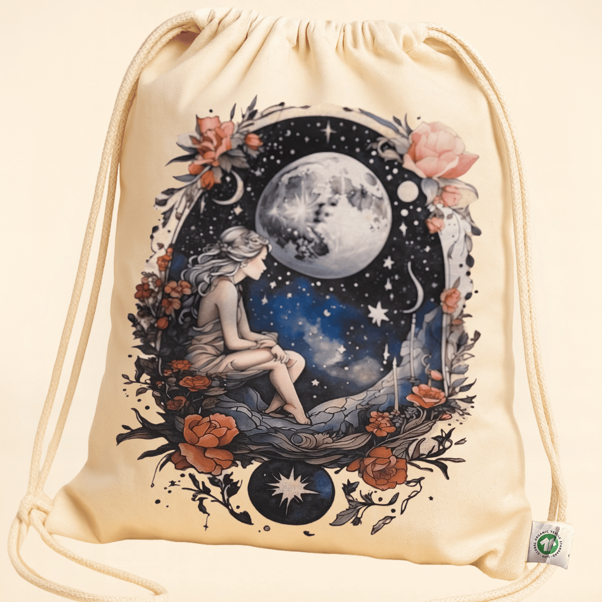 Drawstring bag with celestial design featuring a woman, moon, and stars on a beige background
