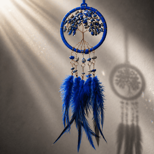Lapis lazuli tree of life dreamcatcher with blue feathers for clarity and focus decor