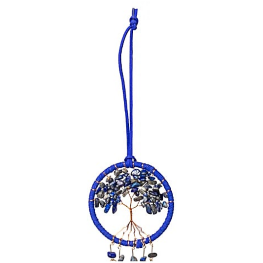 Blue beaded tree of life ornament on a white background