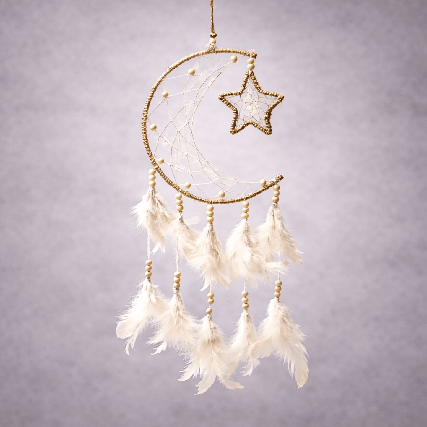 MOON & STAR DREAMCATCHER  – White Feather & Hemp