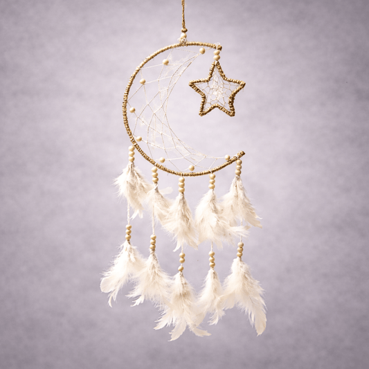 MOON & STAR DREAMCATCHER  – White Feather & Hemp