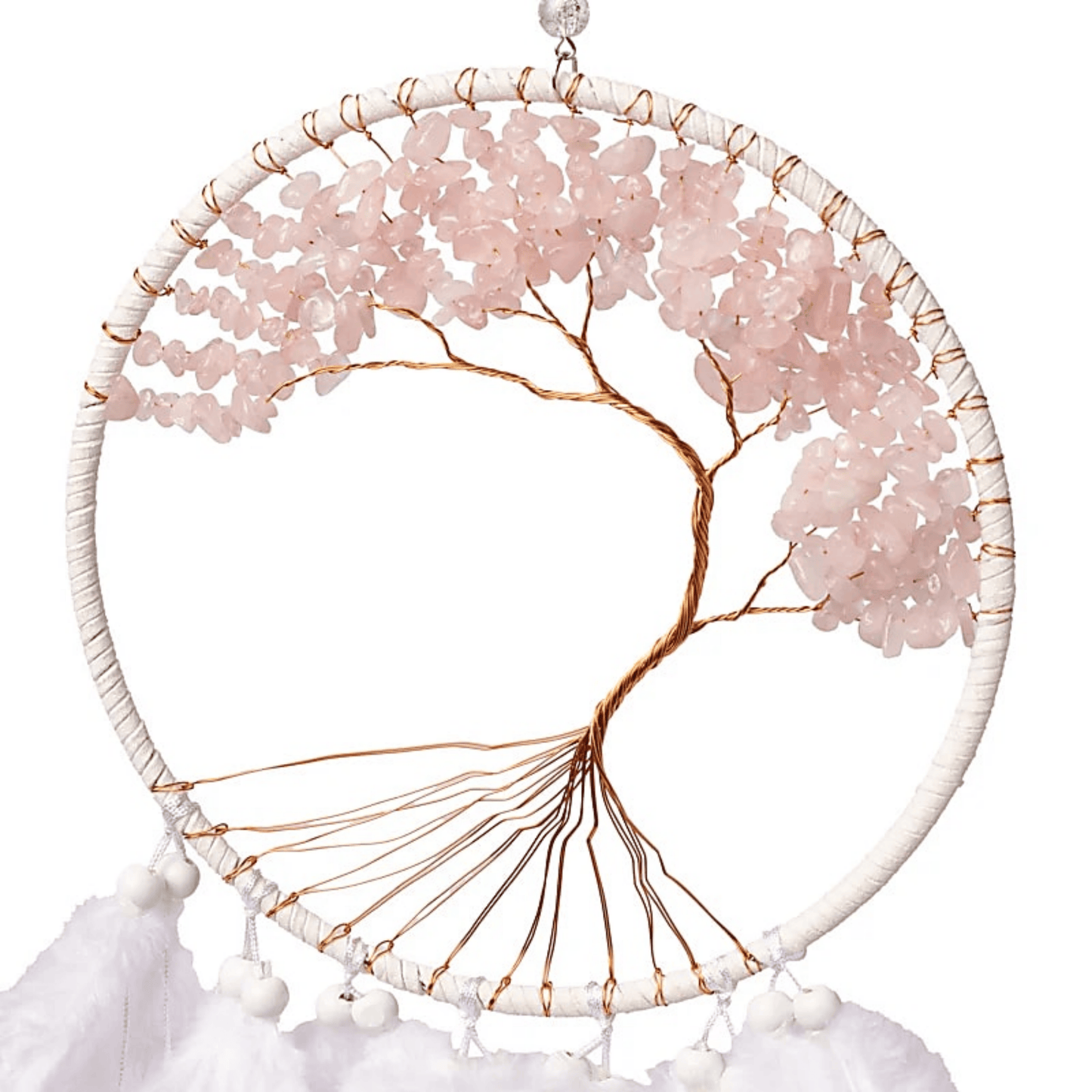 Decorative wall art with pink stones and white tassels on a white background