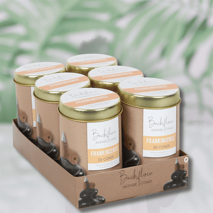 Six Backflow Incense Cones in a cardboard tray display, featuring Frankincense scent with gold lids and labels, set against a soft-focus green leaf background.