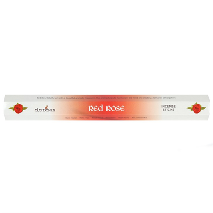Elementus Red Rose Incense Sticks packaging box, featuring a white and orange gradient design with red rose illustrations on the sides.
