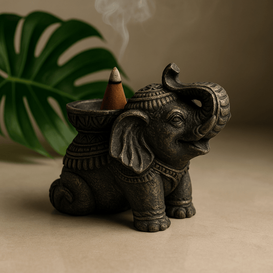 ELEPHANT INCENSE & CANDLE HOLDER  Black Antique Stone