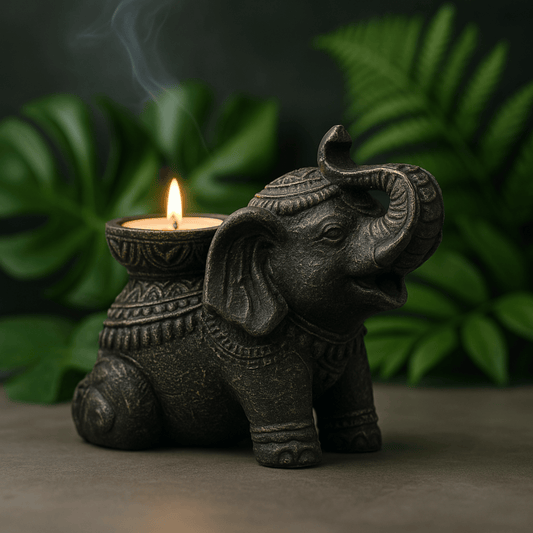 ELEPHANT INCENSE & CANDLE HOLDER  Black Antique Stone