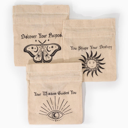 Three brown cotton bags with black illustrations and text on a white background