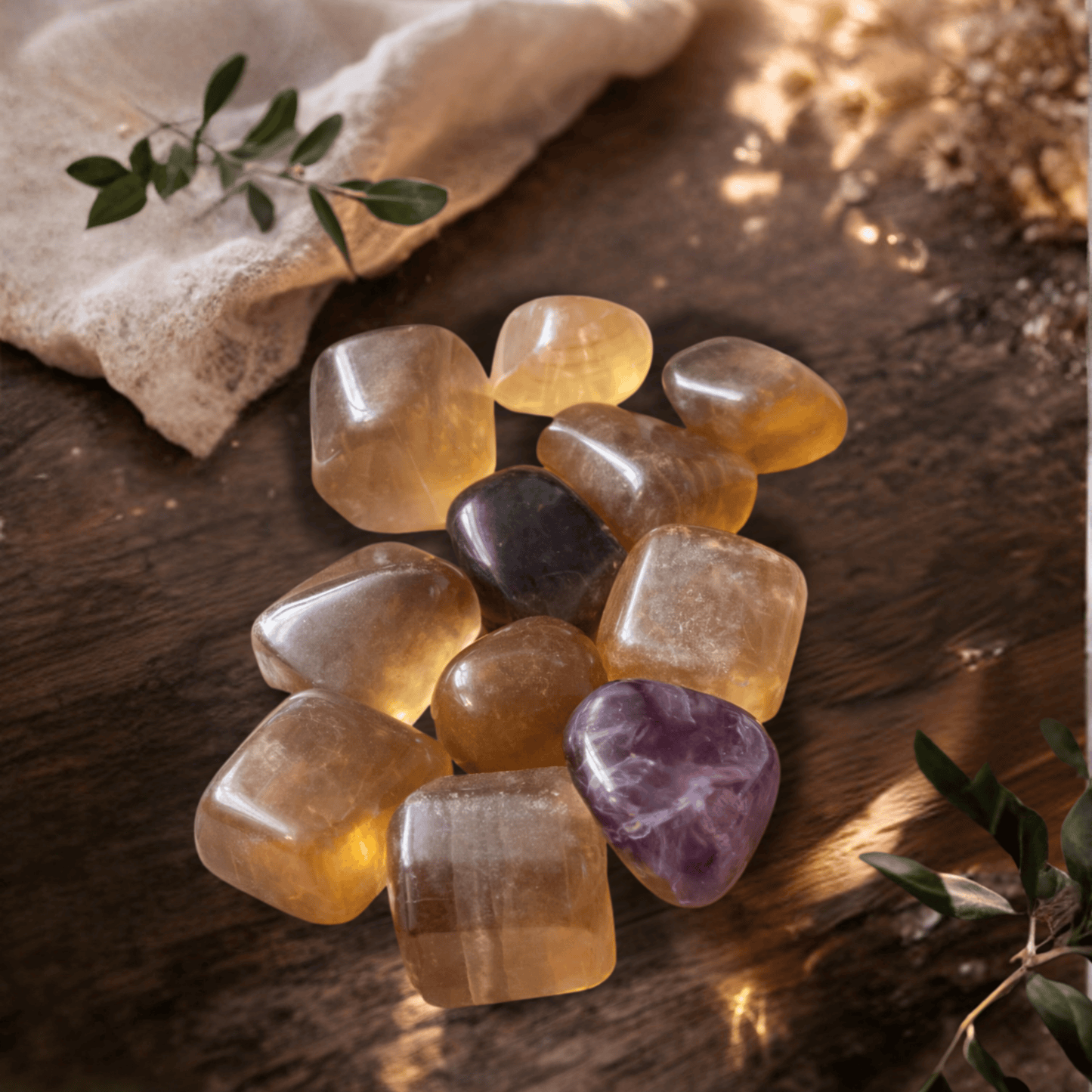 Collection of tumbled stones on a wooden surface with a natural background