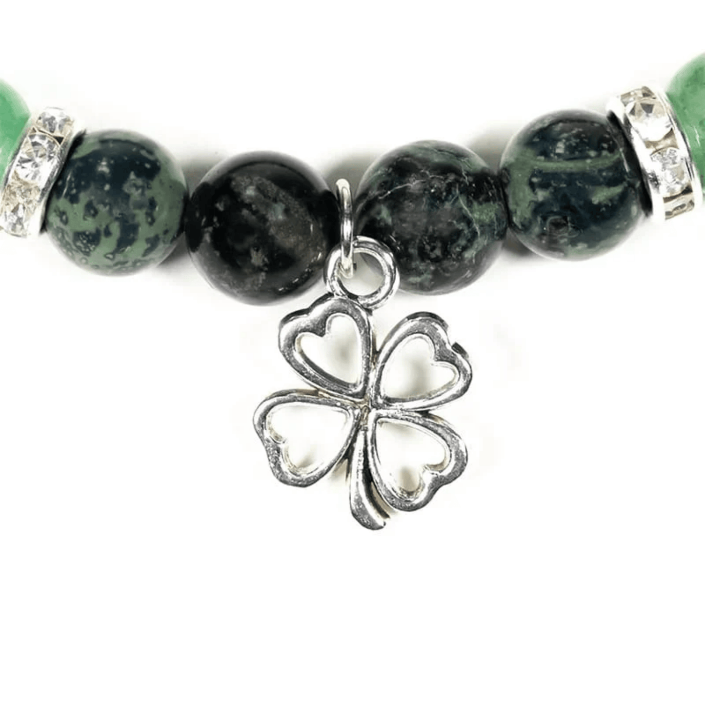 Bracelet spirituel en aventurine verte et labradorite avec breloque en forme de trèfle à quatre feuilles