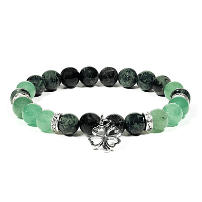 Bracelet spirituel en aventurine verte et labradorite avec breloque en forme de trèfle à quatre feuilles