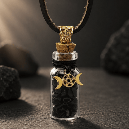 BLACK TOURMALINE BOTTLE PENDANT - MOON PHASES PROTECTION NECKLACE