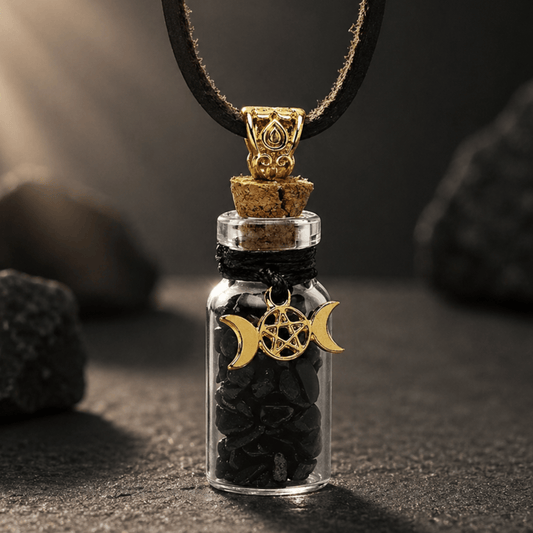 BLACK TOURMALINE BOTTLE PENDANT - MOON PHASES PROTECTION NECKLACE