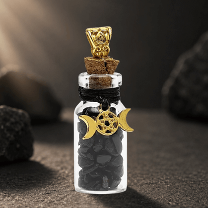 BLACK TOURMALINE BOTTLE PENDANT - MOON PHASES PROTECTION NECKLACE