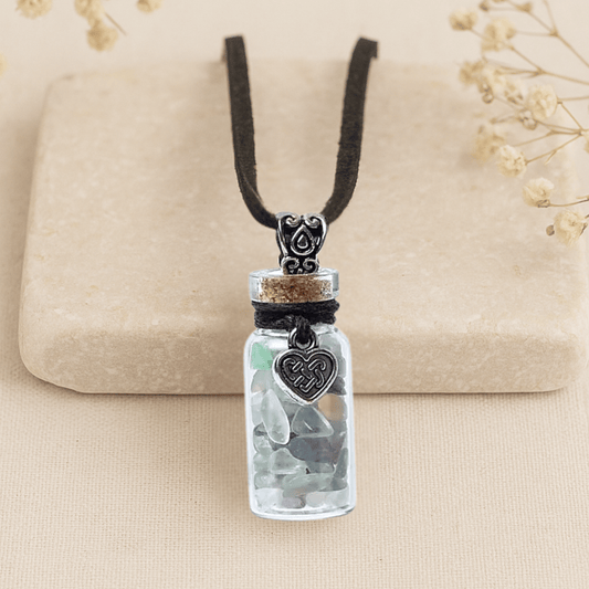 FLUORITE GLASS GIFT BOTTLE NECKLACE WITH CELTIC HEART CHARM Eternal Love & Balance