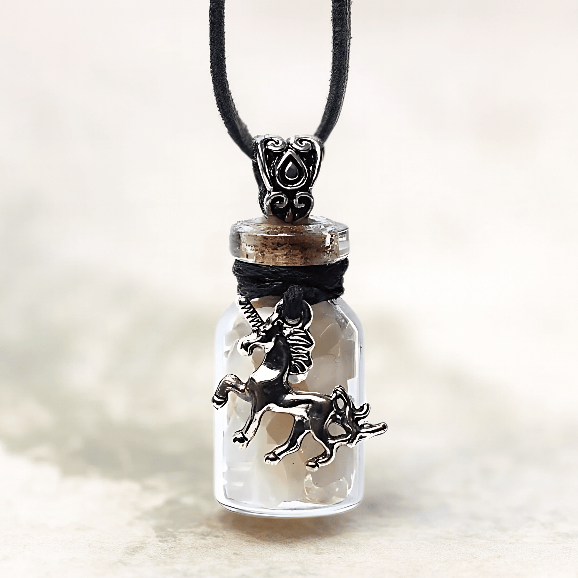 Unicorn charm in a glass bottle pendant on a blurred background