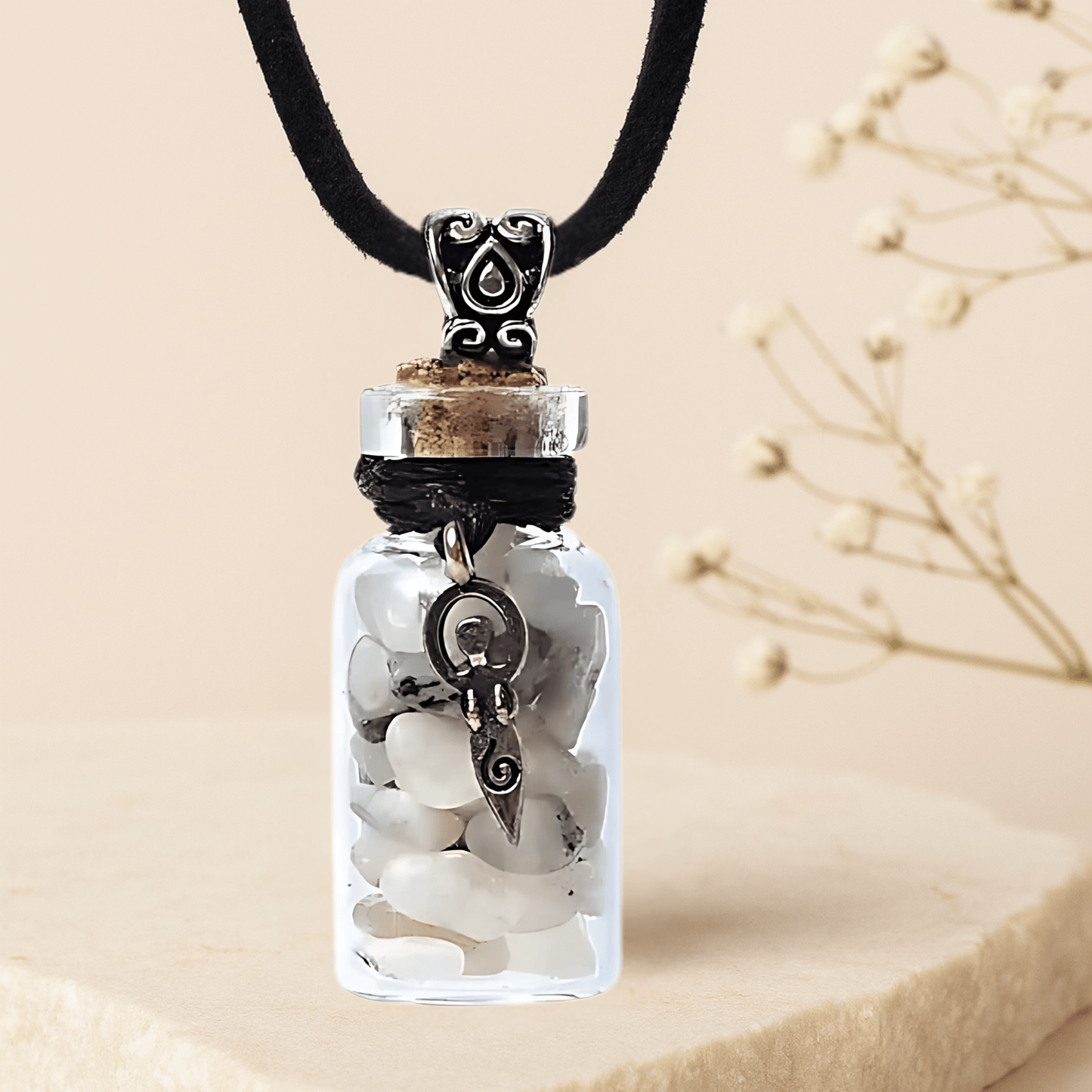 RAINBOW MOONSTONE GLASS GIFT BOTTLE NECKLACE WITH GODDESS CHARM – Intuition & Dreams