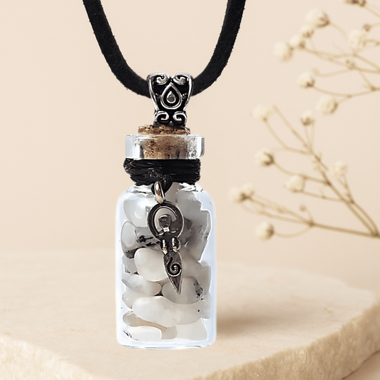 RAINBOW MOONSTONE GLASS GIFT BOTTLE NECKLACE WITH GODDESS CHARM – Intuition & Dreams