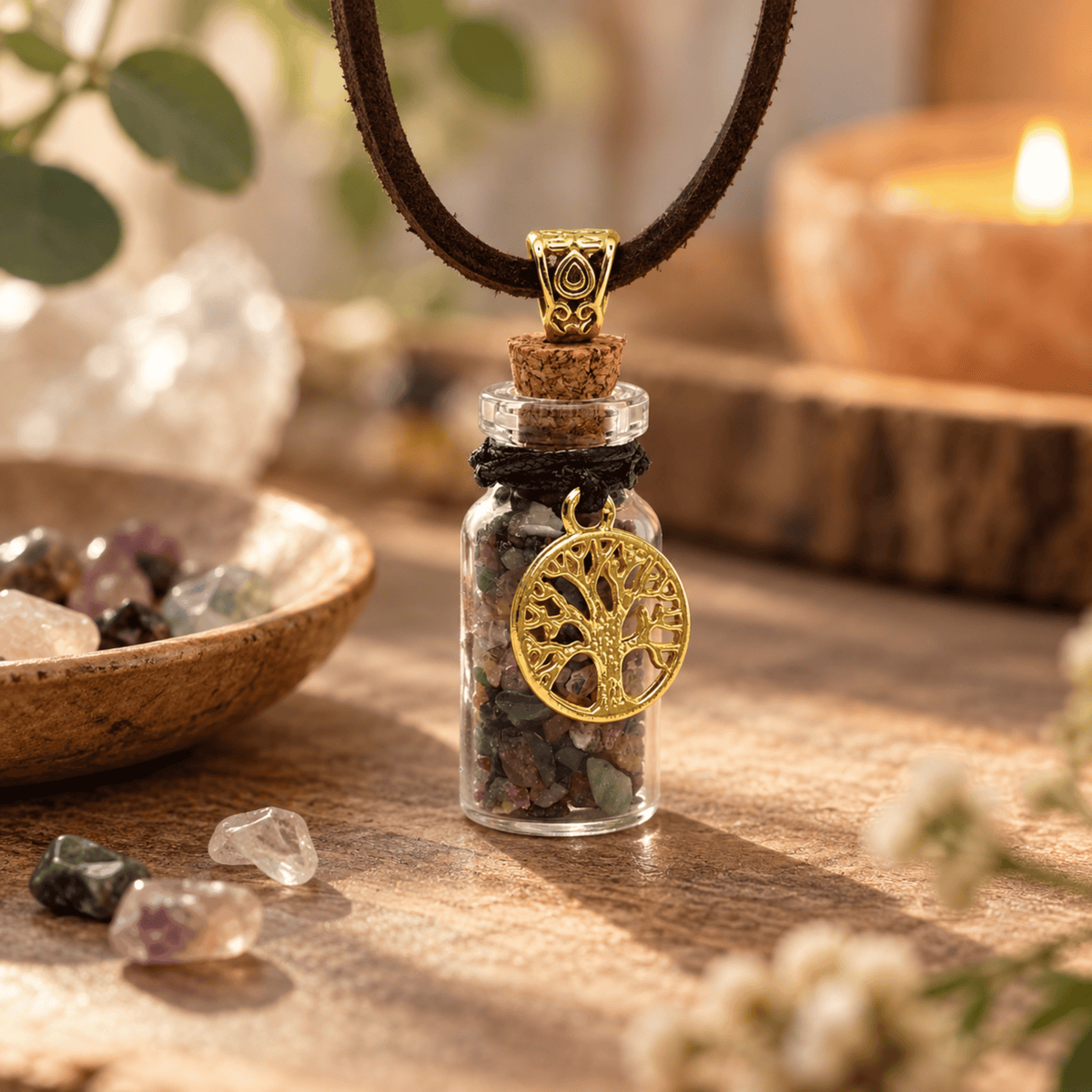 A small clear glass vial pendant necklace with a cork stopper, black cord wrap, and a gold tree-of-life charm, hanging on a dark brown cord. The pendant is styled on a wooden surface with crystals, a lit candle, and soft natural background elements.