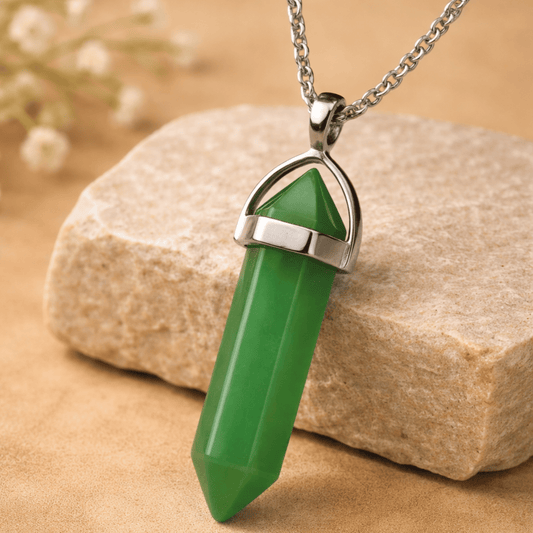 GREEN AVENTURINE CRYSTAL POINT NECKLACE  Luck & Prosperity Stone – 50cm Stainless Steel Chain