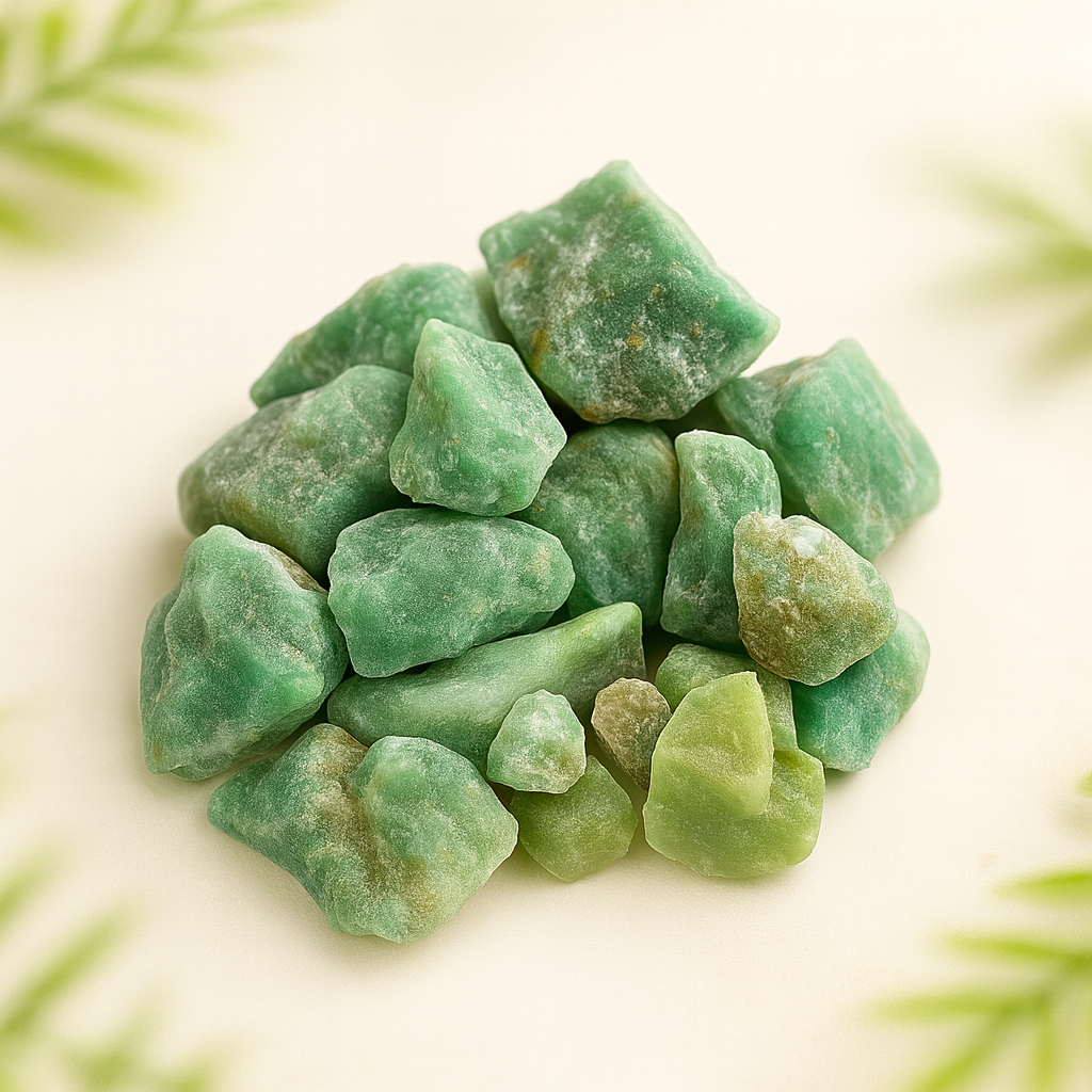 Green raw aventurine gemstones on a light background with blurred green leaves