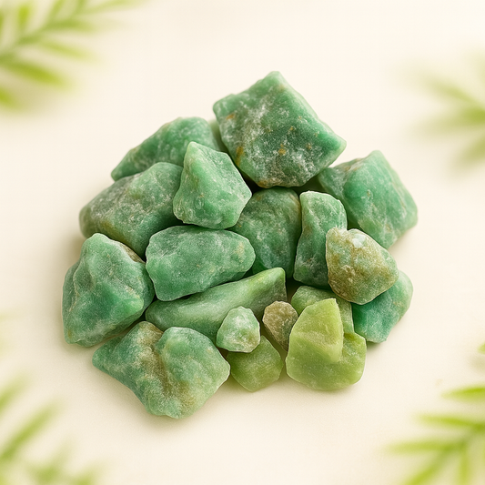 Green raw aventurine gemstones on a light background with blurred green leaves