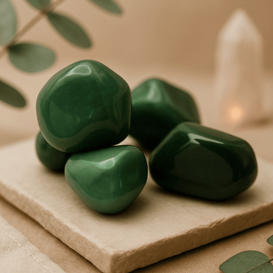 XL Green Aventurine tumbled stones (4–6 cm, AB grade) on stone backdrop.