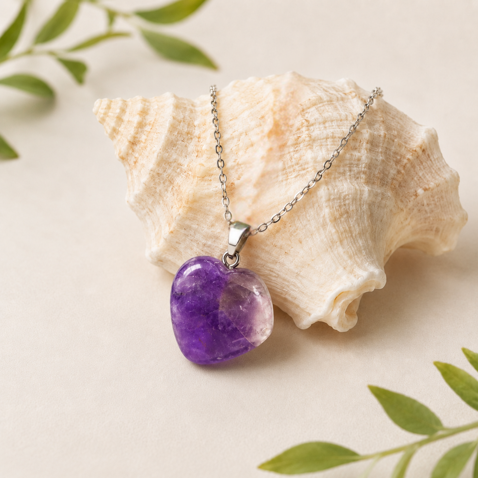 Purple heart-shaped pendant necklace on a seashell with green leaves in the background