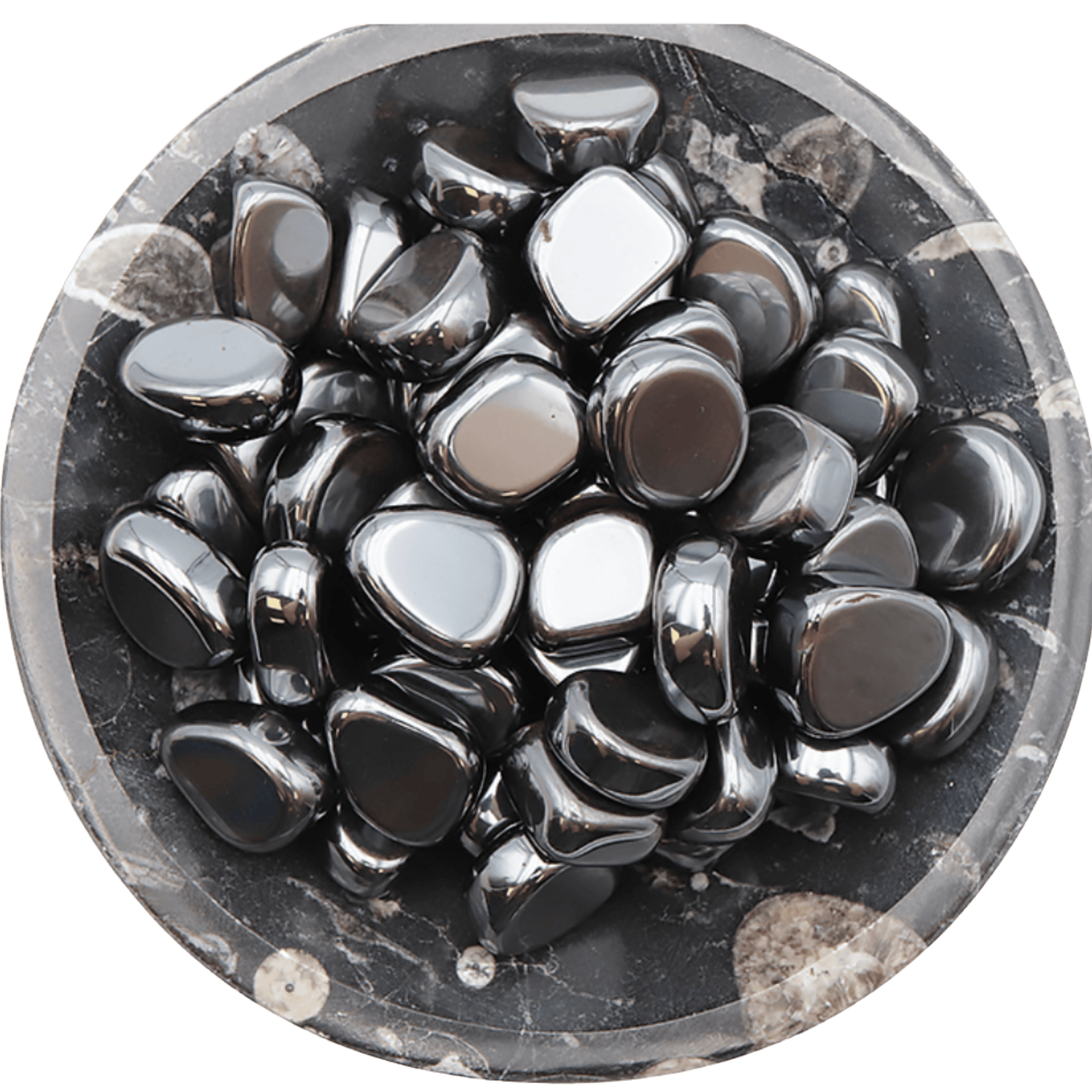 Black Hematite Crystal Tumblestones in a brown ceramic bowl