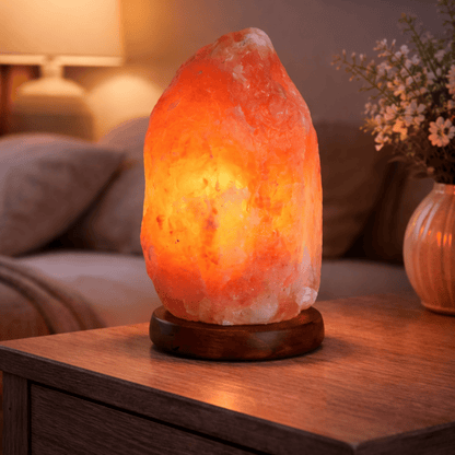 Himalayan salt lamp on a wooden table with a warm glow in a cozy room setting.