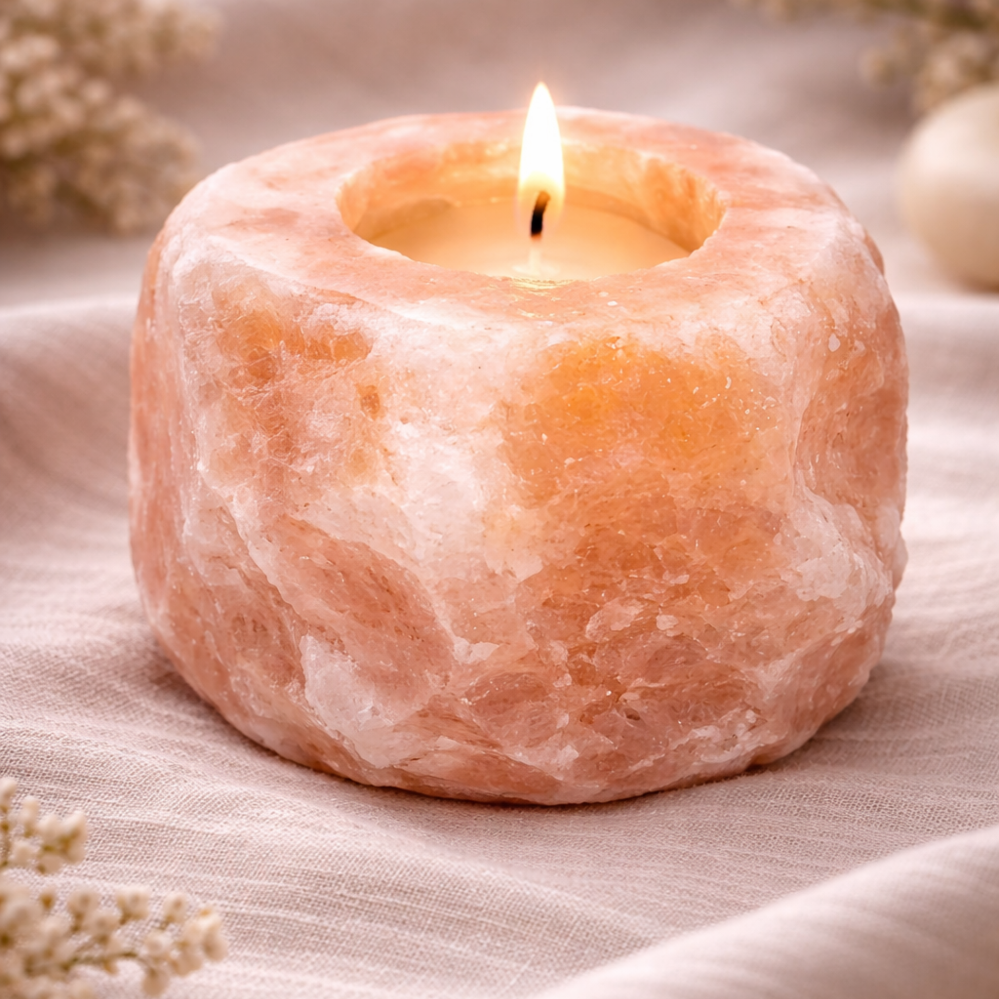 Himalayan salt candle holder with a tealight lit on a soft fabric background