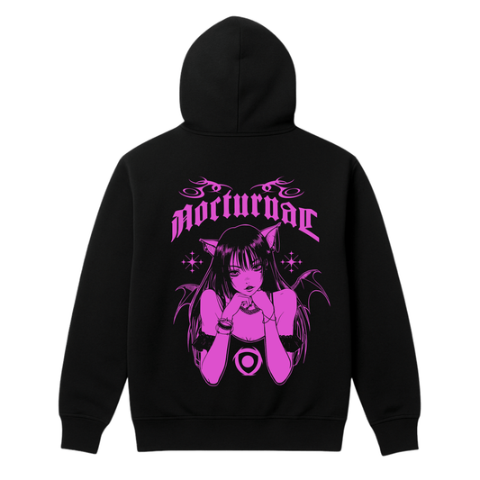 Black Hoodie with a graphic pink Anime gril printed on the back with the text "nocturnal" laying on a white background
