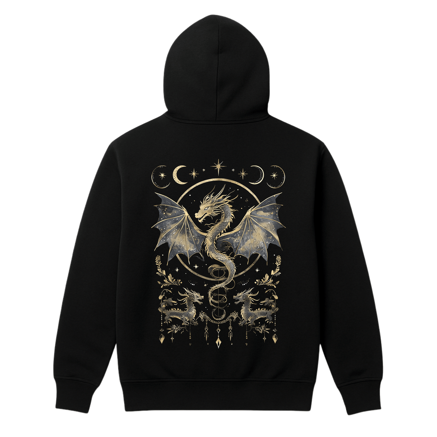 Black hoodie with a gold dragon design on the back against a white background