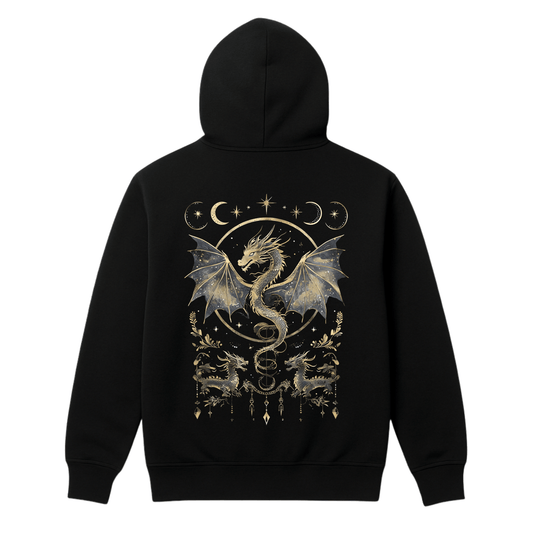 Black hoodie with a gold dragon design on the back against a white background