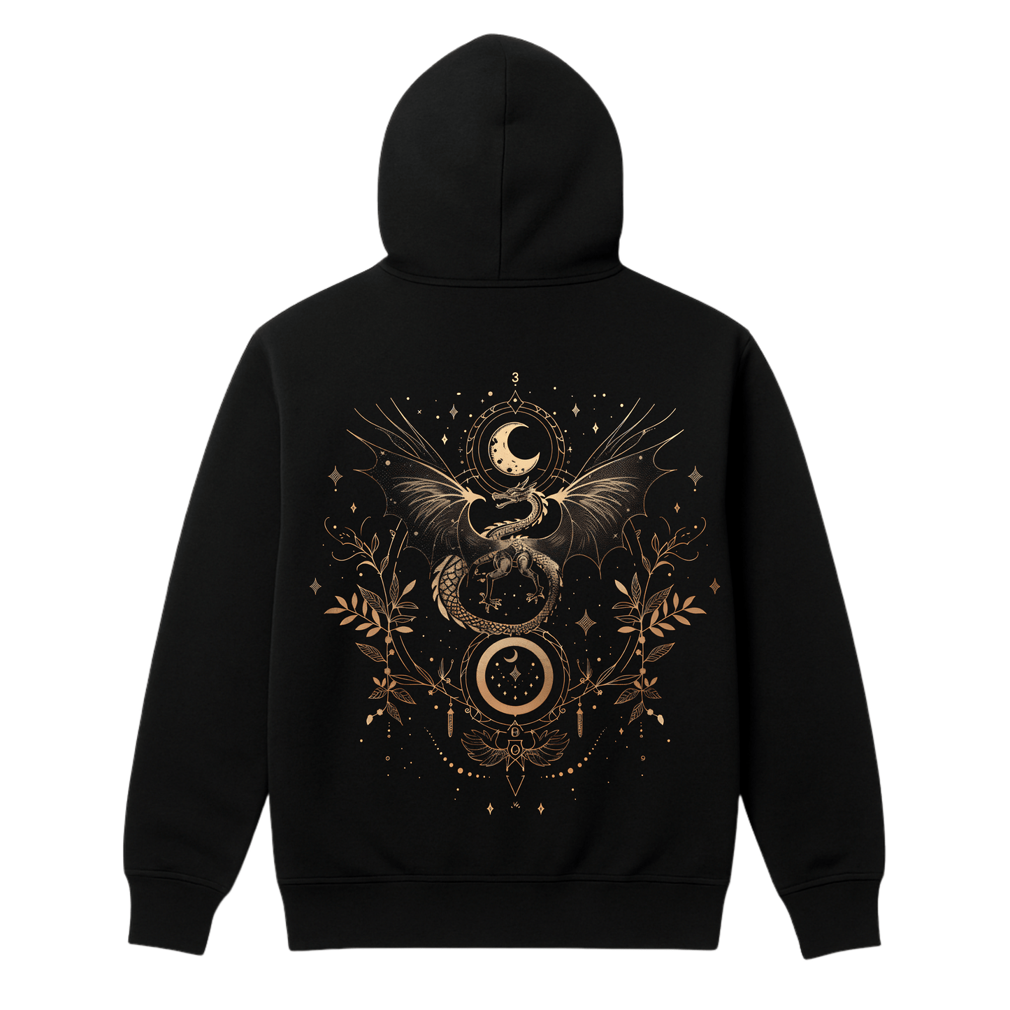 Black hoodie with intricate gold dragon designs on the back against a white background