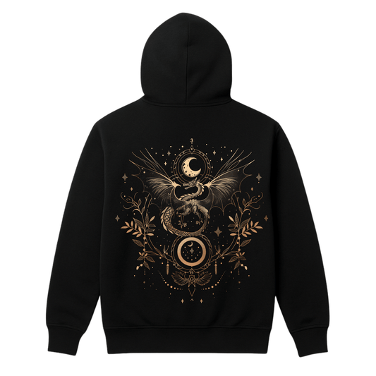 Black hoodie with intricate gold dragon designs on the back against a white background