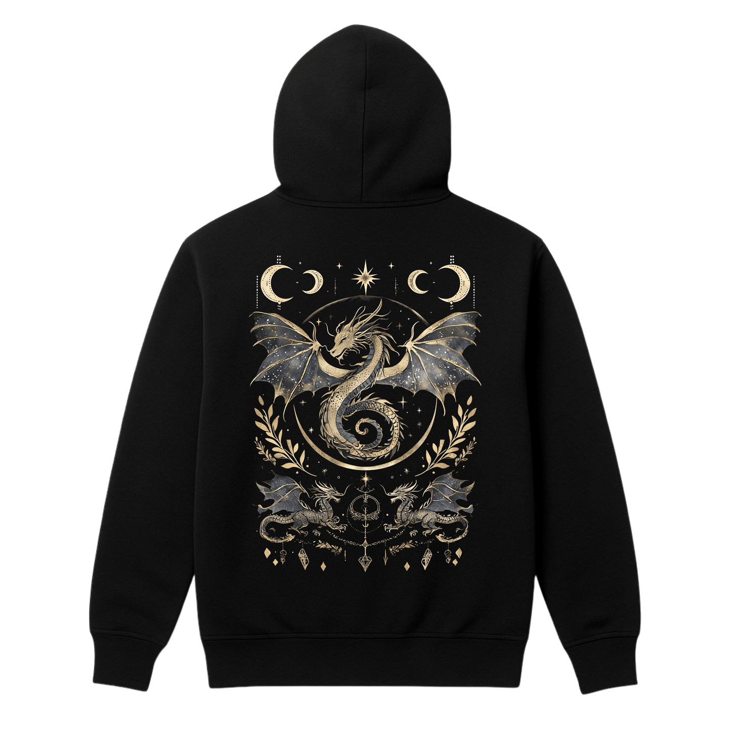 Black hoodie with a dragon design on the back against a white background